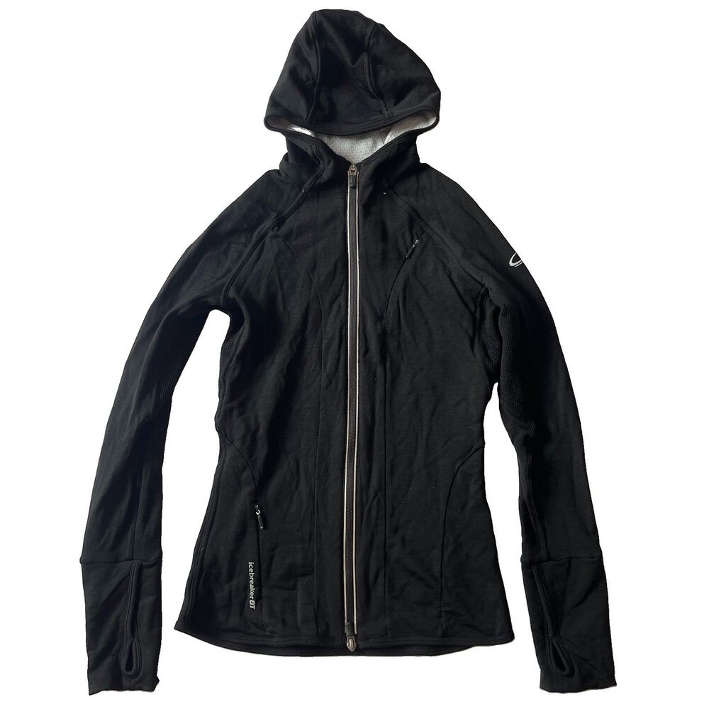 Icebreaker GT 220 Go Tiger Hoodie Jacket Women XS Merino Wool Black Full Zip Pkt